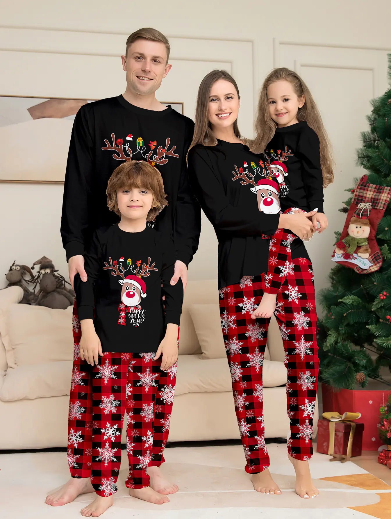 Christmas Family Pajamas with Cartoon Reindeer Print