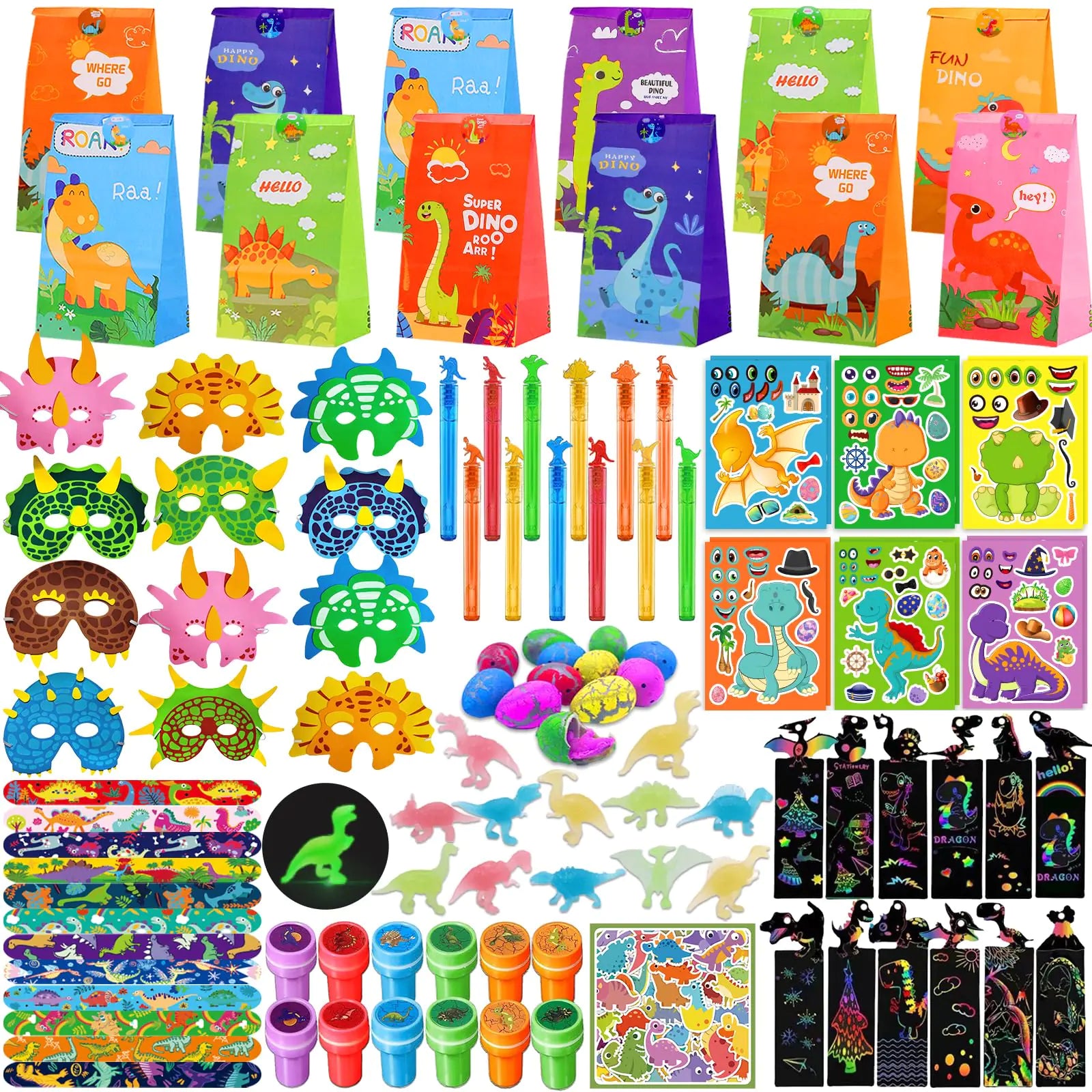 168Pcs Dinosaur Birthday Party Favors Dino Party Favors Include Masks Bubble Stamps Hatching Eggs Bags Craft Bookmarks DIY Stickers Slap Bracelets for Dinosaur Birthday Party Decorations Supplies