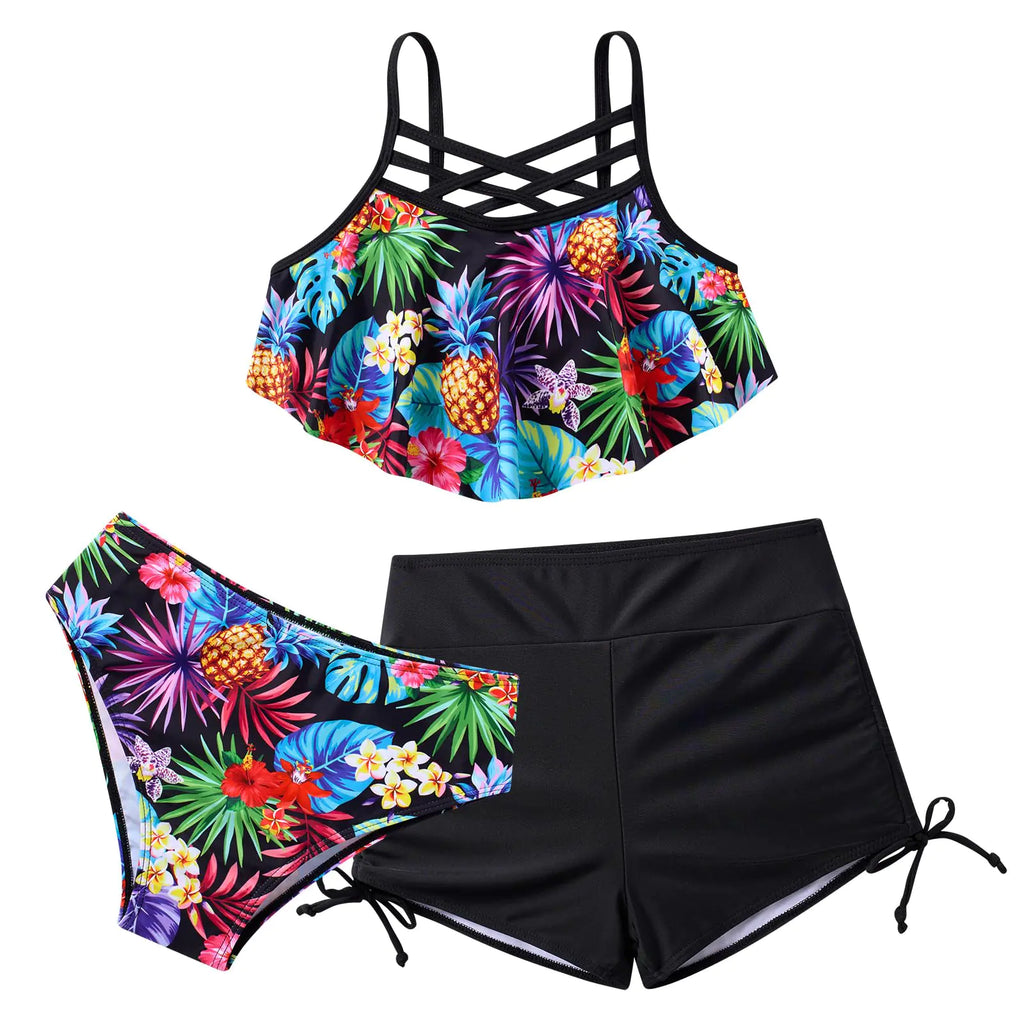 Girls Bikini Set with Shorts 3 Pieces Swimsuit Size 9 10 Black Hawaii Bathing Suit Adjustable Modest Tankini Swimsuit