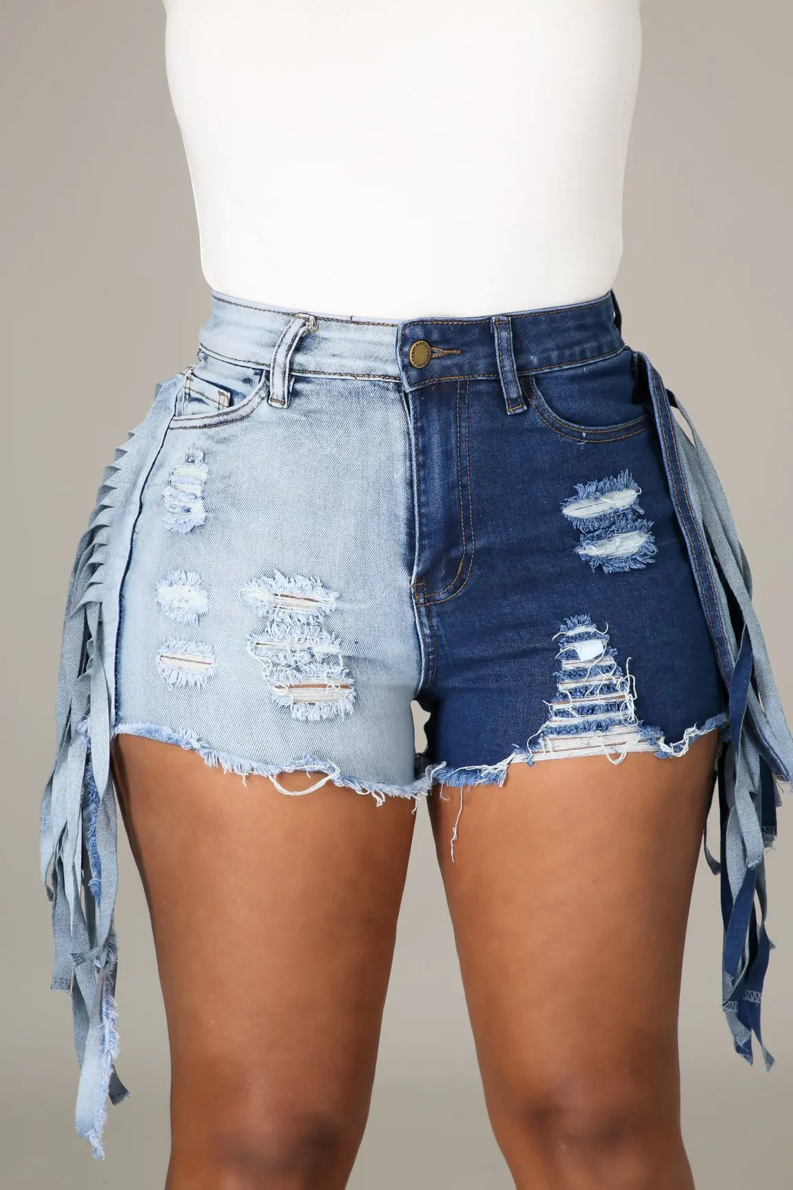 SHEIN SXY Two Tone Fringe Raw Hem Denim Shorts