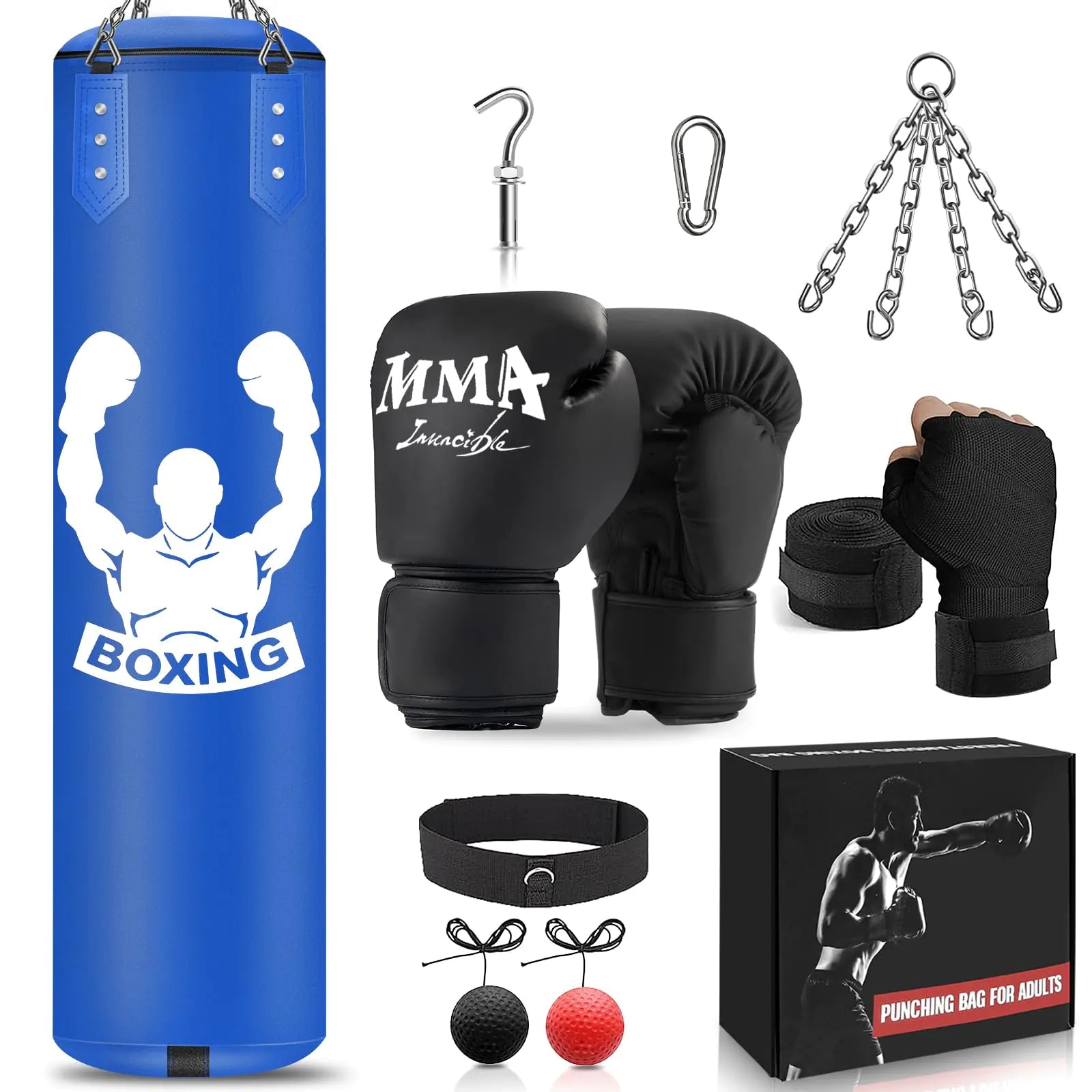 Hanging Punching Bag for Adults 4FT PU Heavy Bag Boxing Training Equipment with 12OZ Gloves Reflex Ball Wristband Kicking Bag Boxing Set for Training Karate Kickboxing Home Gym(Unfilled) Blue