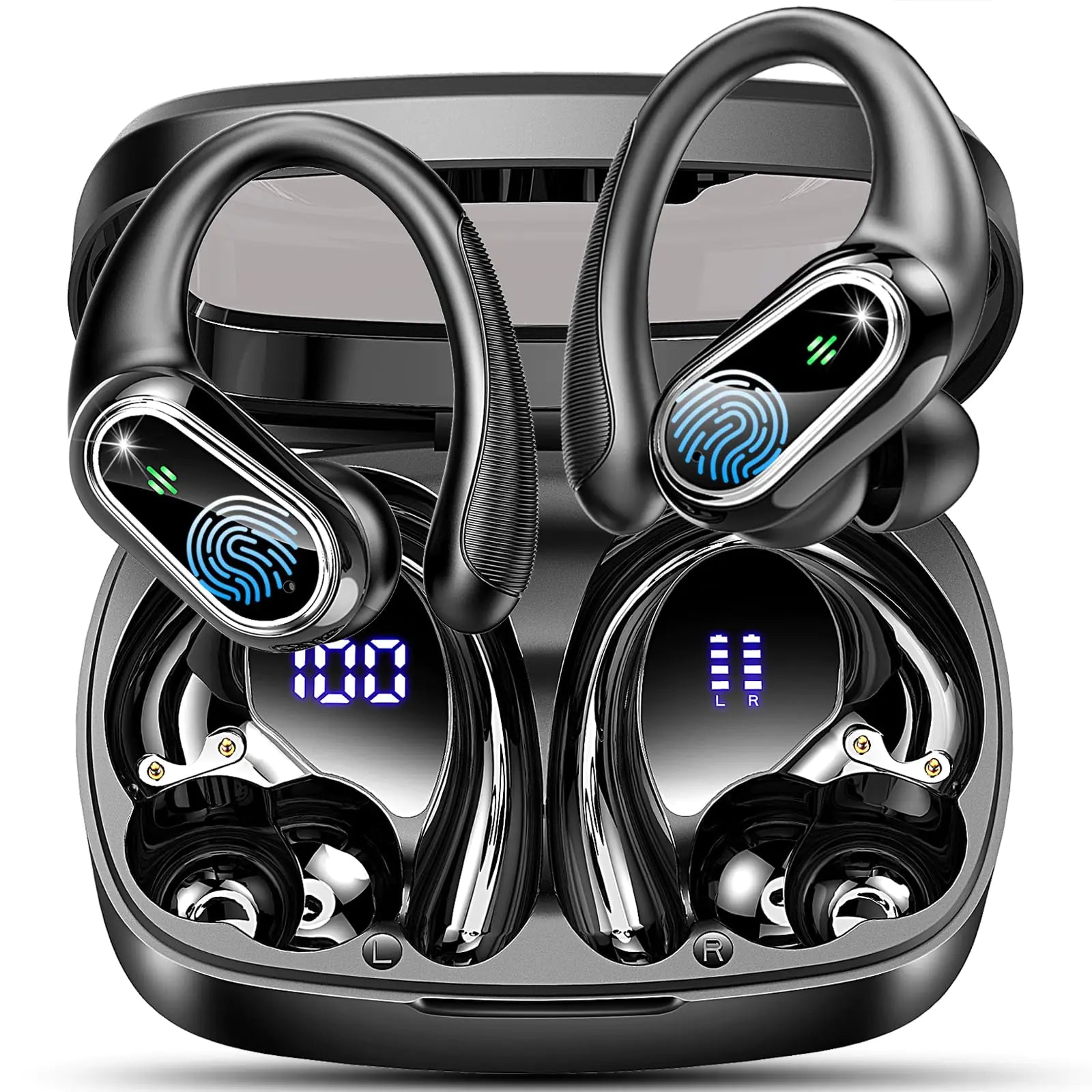 Wireless Earbuds Bluetooth Headphone Sport 50Hrs Playtime Wireless Headphones with ENC Noise Canceling Mic Over Ear Buds with Earhook Deep Bass Digital Display IP7 Waterproof for Running/Workou