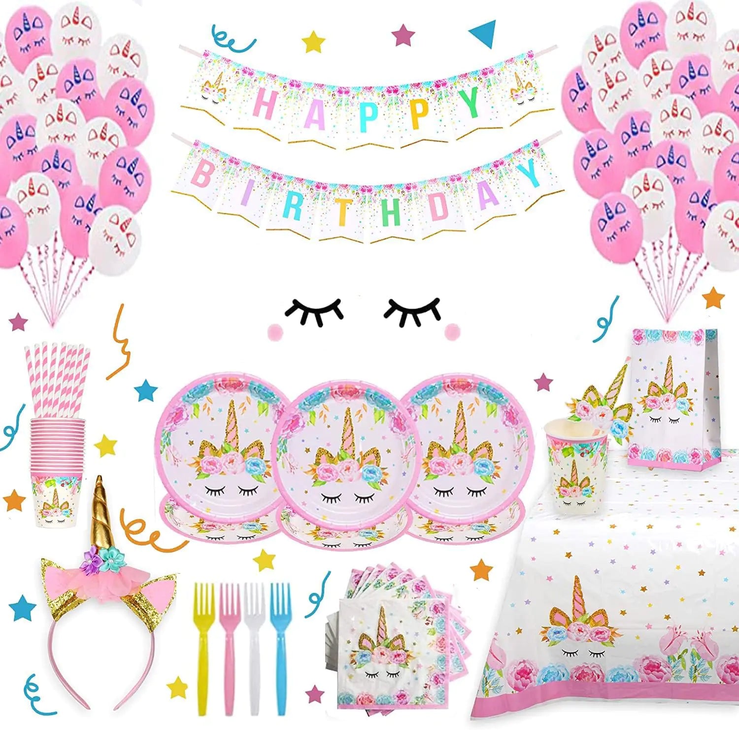 Girls Birthday Party Supplies Including Plates Cups Straws Tablecover for Pink Birthday Party Serve 16 Guests