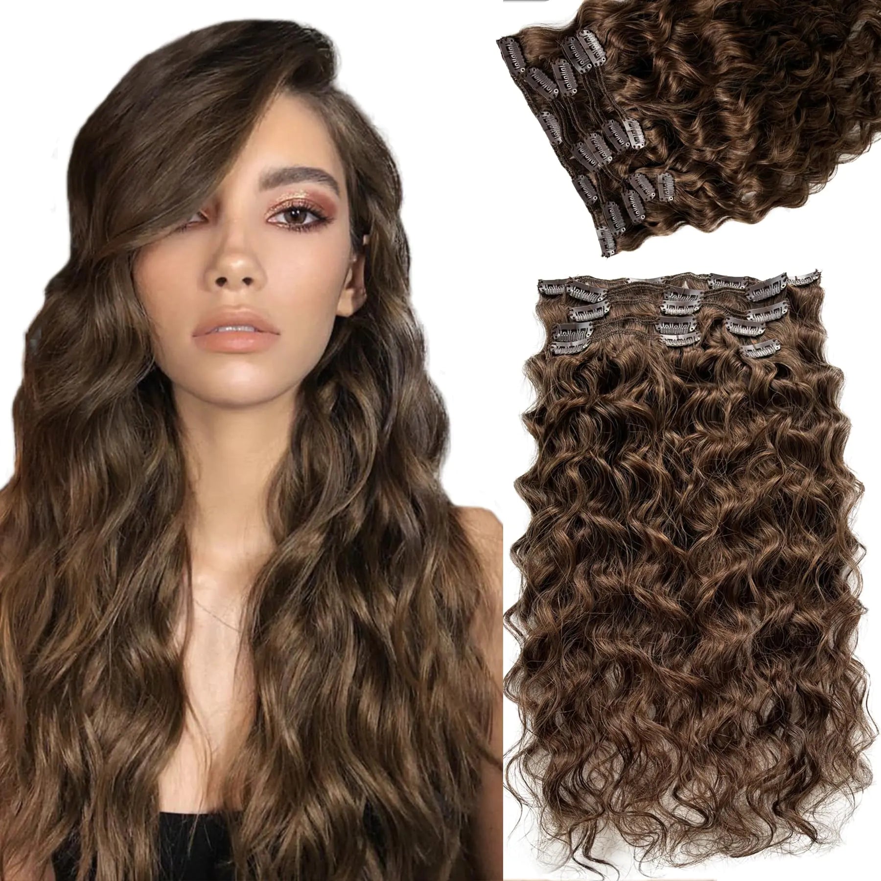 Dark Brown Hair Extensions Real Human Hair Curly Clip in Hair Extensions Real Human Hair 70g 7pcs 16inch Chestnut Brown Water Wavy Remy Human Hair Extensions Soft and Natural Hair Pie