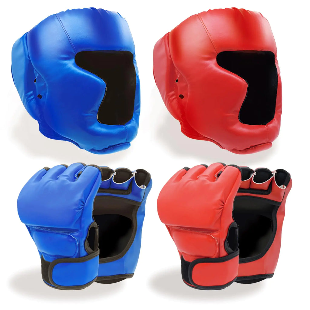 Boxing Gloves and Headgear Set Including 2 Pack Boxing Headgear and 2 Pack Boxing Gloves Boxing Equipment Sparring Gear Equipment for Beginners Adults Kids (BlueRed)