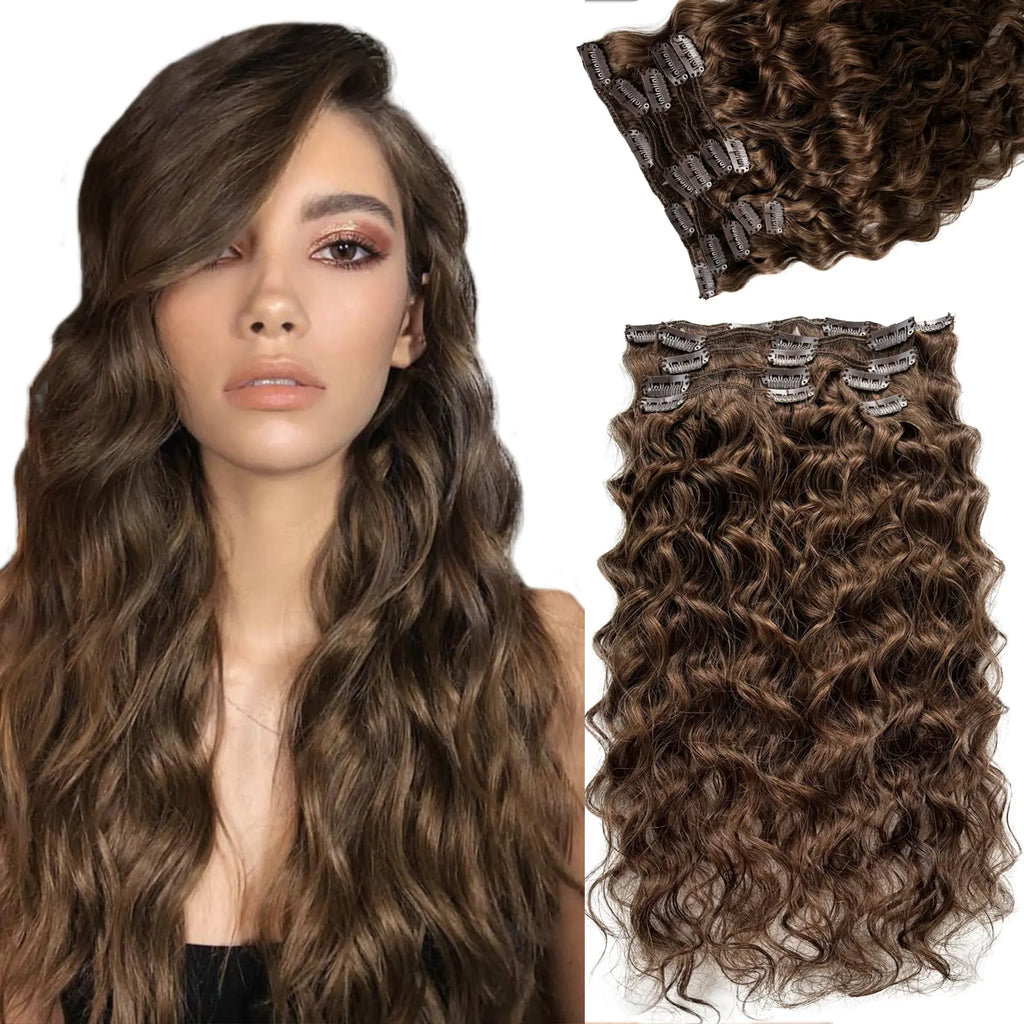 Dark Brown Hair Extensions Real Human Hair Curly Clip in Hair Extensions Real Human Hair 70g 7pcs 16inch Chestnut Brown Water Wavy Remy Human Hair Extensions Soft and Natural Hair Pie