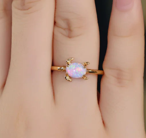 Round White Opal Turtle Ring