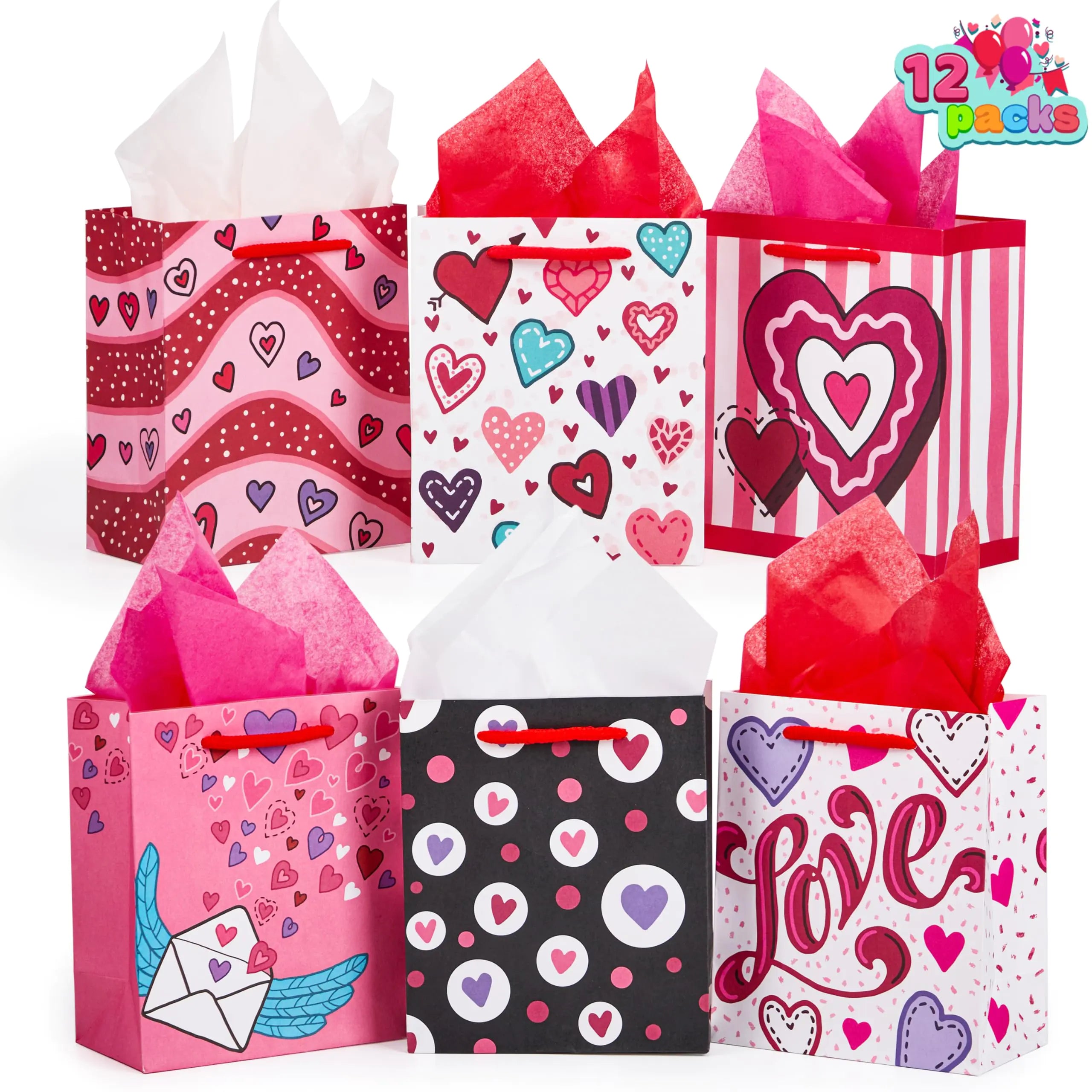 JOYIN 12 Pcs Valentines Day Paper Gift Bags with with Tissue Paper Wrapping Kraft Bags for Funny Gift Giving Novelty Gift Exchange Gift Wrapping Valentines Gift Bags Party Favors