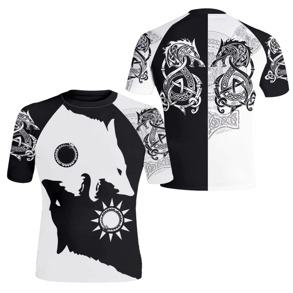 HYPEWAVE Yinyang Wolf Mens Short Sleeve Compression Shirt Rash Guard MMA BJJ Black Activewear Cotton Spandex - XL