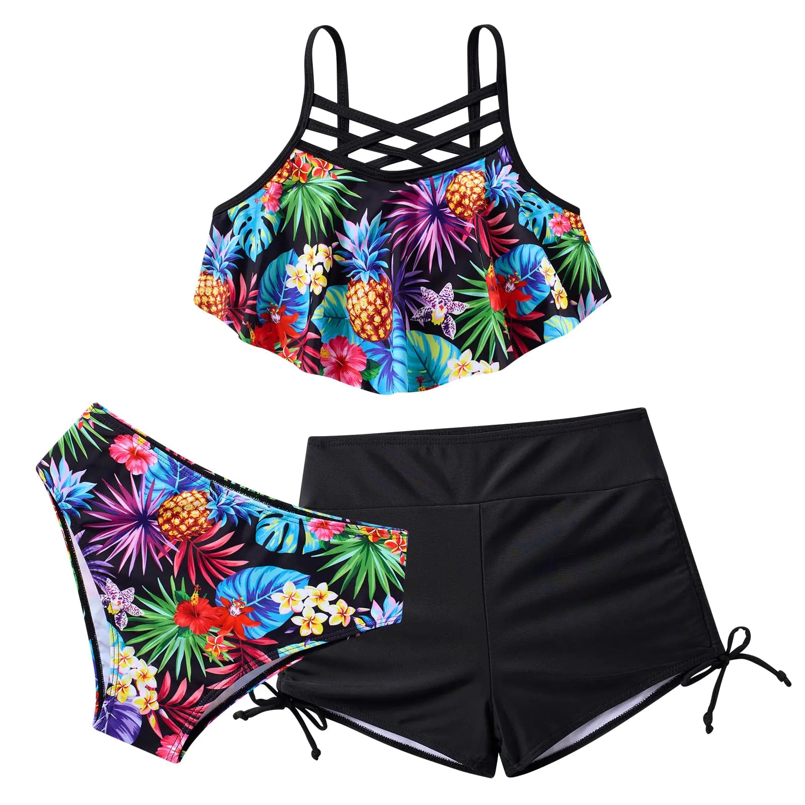 Girls Bikini Set with Shorts 3 Pieces Swimsuit Size 9 10 Black Hawaii Bathing Suit Adjustable Modest Tankini Swimsuit