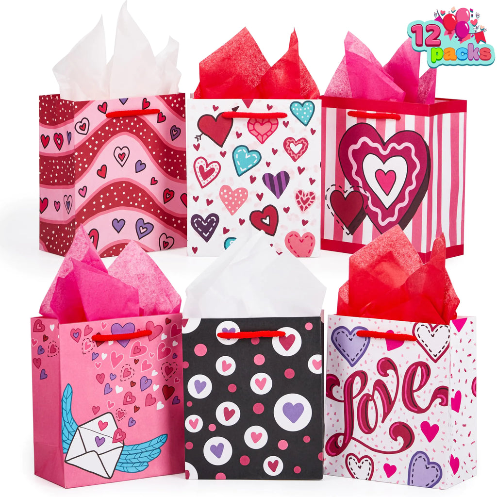 JOYIN 12 Pcs Valentines Day Paper Gift Bags with with Tissue Paper Wrapping Kraft Bags for Funny Gift Giving Novelty Gift Exchange Gift Wrapping Valentines Gift Bags Party Favors