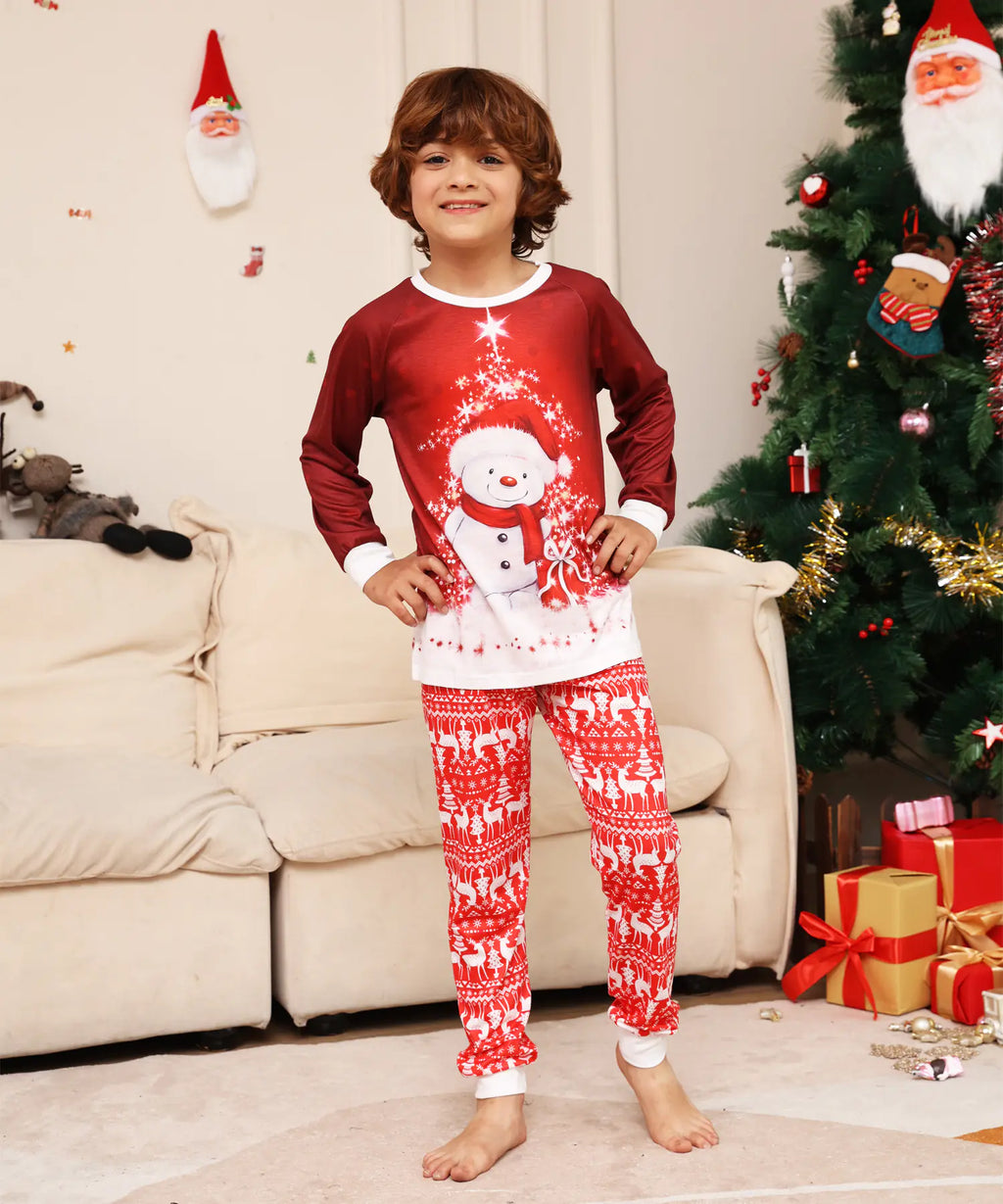 2023 Cartoon Snowman and Reindeer Family Pajamas