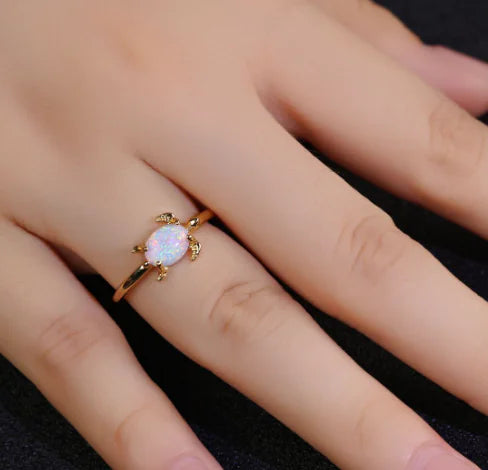 Round White Opal Turtle Ring