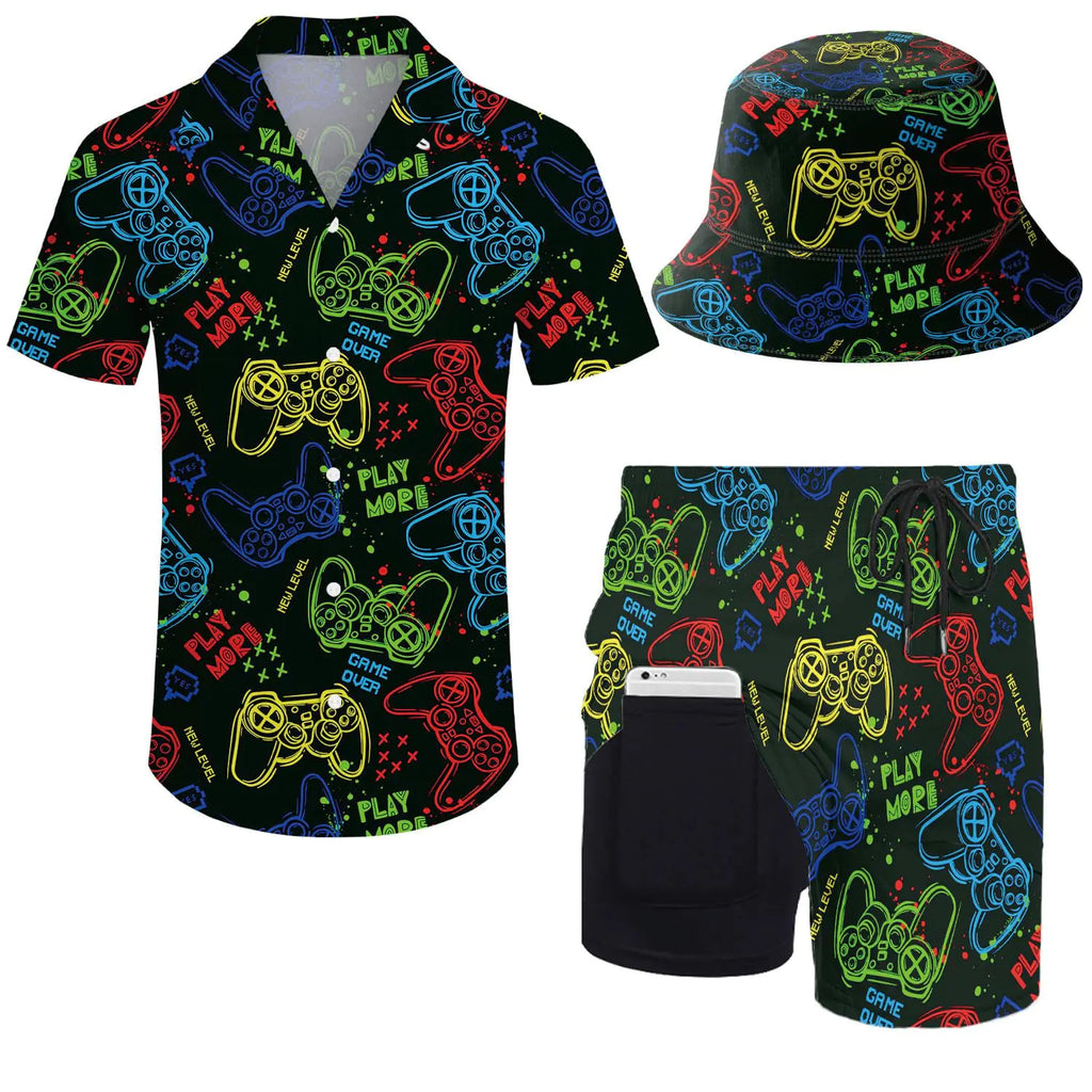 ZePinger Neon Mens Shirt ShortsRetro Game Console Gaming Shirts for Men Button Up Shirt and Shorts Sets with Hat