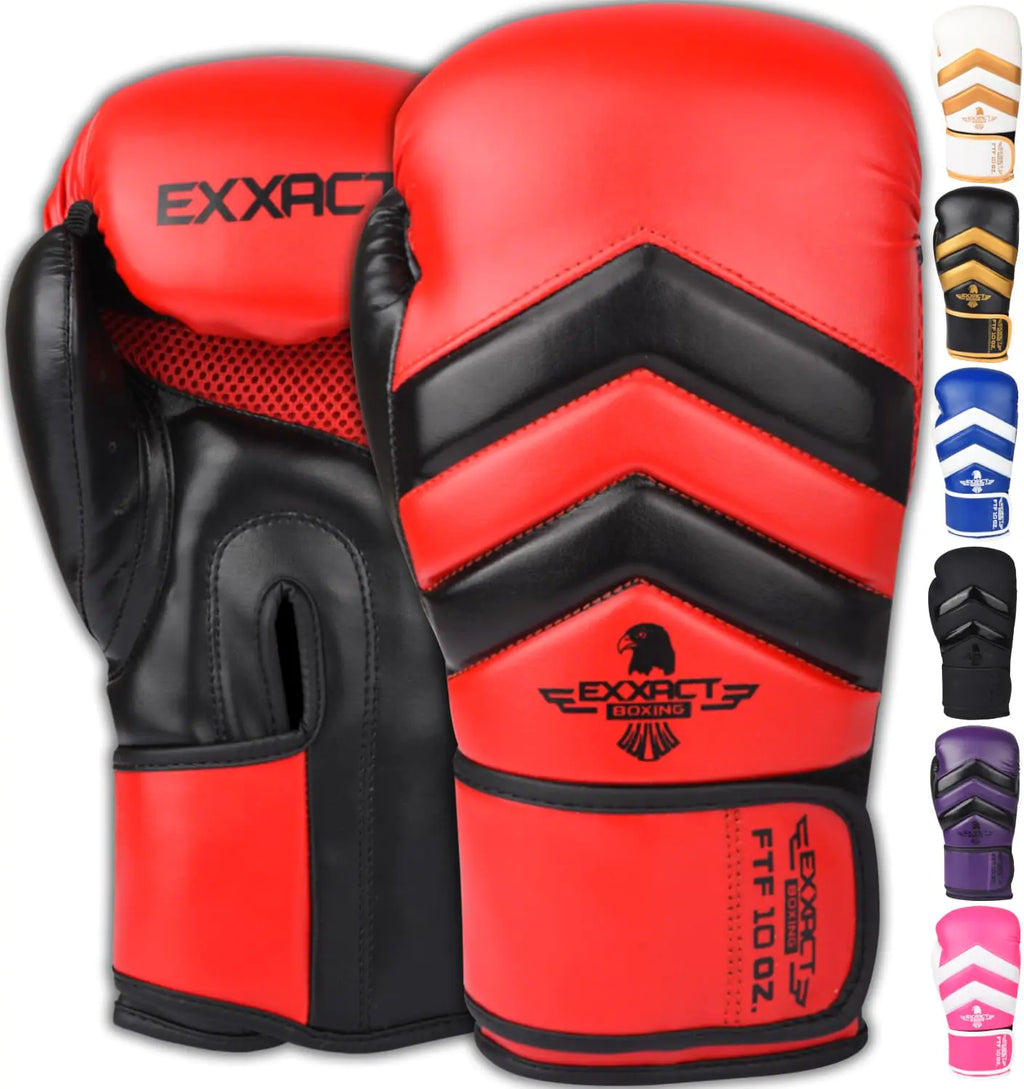 Exxact Sports Clash Boxing Gloves for Men Durable Engineered Leather Mens Boxing Gloves with Padded Protection Womens Boxing Gloves for MMA Muay Thai & Sparring Gloves (Red/Black 10 OZ)