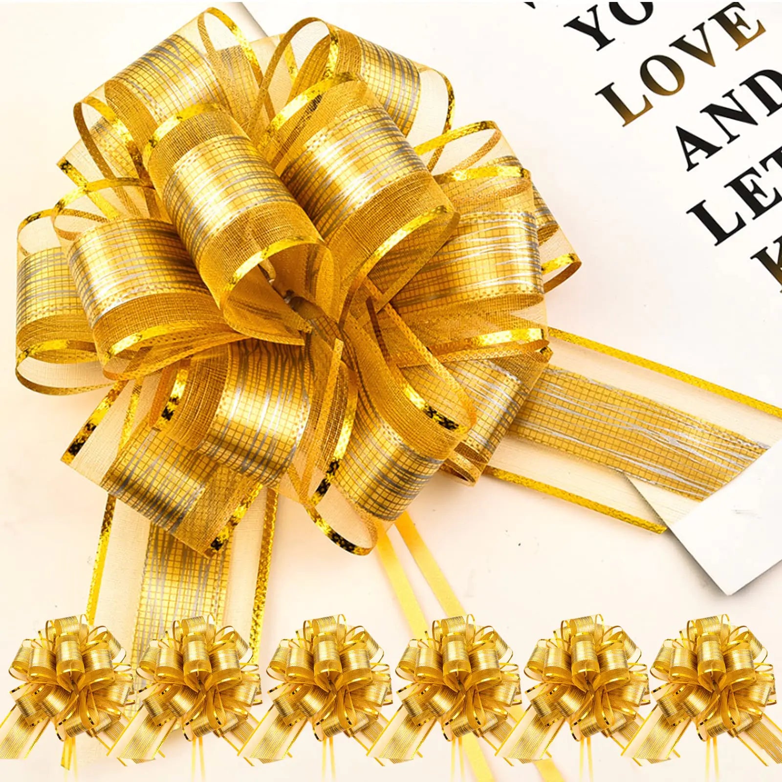 6 PCS Large Pull Bows Gift Wrapping Bows Gift Wrapping Ribbon Pull Bows Gift Bows for Wedding Gift Baskets Party Gift Wrap Bows Presents Decorating Bows Holiday Decoration (Gold)
