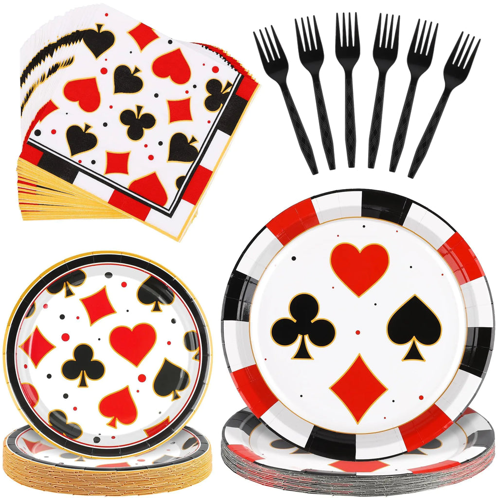 durony 96 Pieces Casino Theme Party Supplies Casino Paper Plates and Napkins Disposable Casino Party Plates Forks Poker Club Las Vegas Birthday Party Decorations Serve 24 Guests