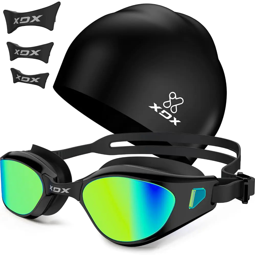 XDX Swim Goggles with Swim Cap Anti-Fog Pool Goggles with Detachable Lenses Swimming Goggles Cap Set for Youth Men WomenAqua
