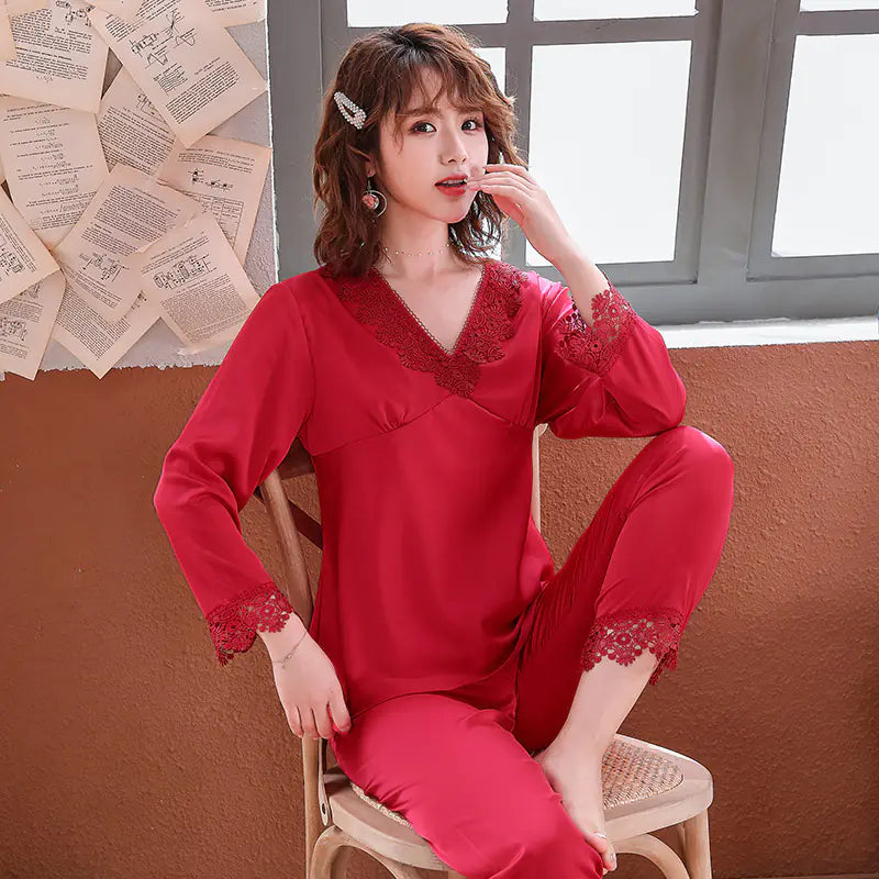 Ice Silk Couple Pajamas for Summer and Autumn