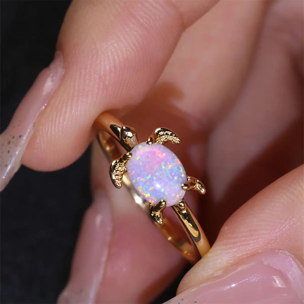 Round White Opal Turtle Ring