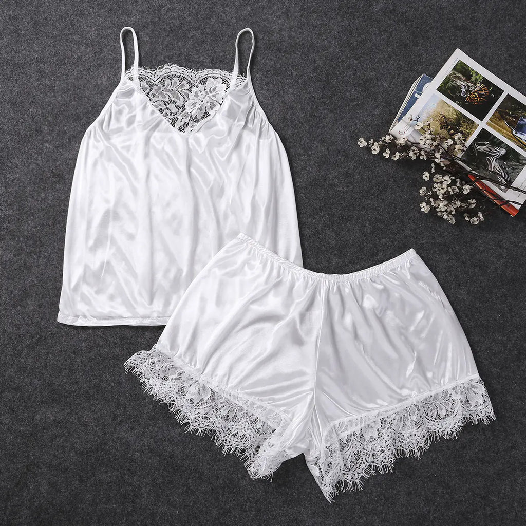 Elegant Satin Lace Pajamas Set for Women