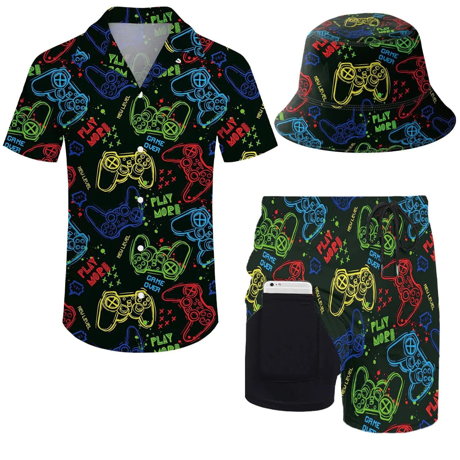 ZePinger Neon Mens Shirt ShortsRetro Game Console Gaming Shirts for Men Button Up Shirt and Shorts Sets with Hat