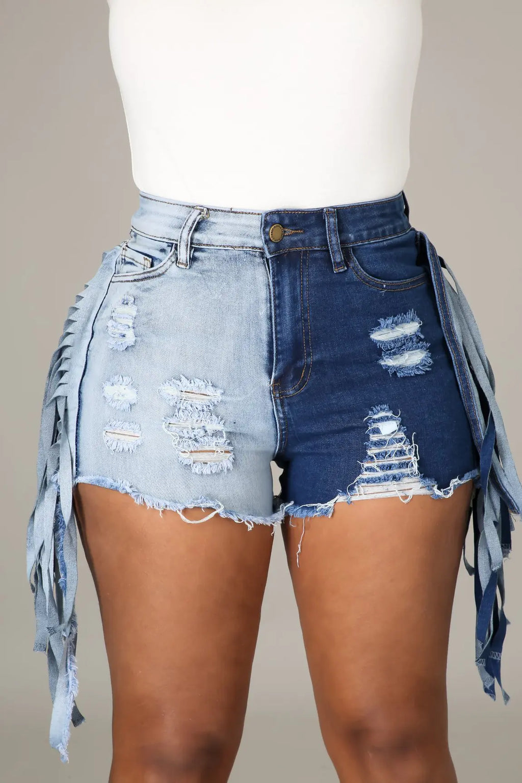 SHEIN SXY Two Tone Fringe Raw Hem Denim Shorts
