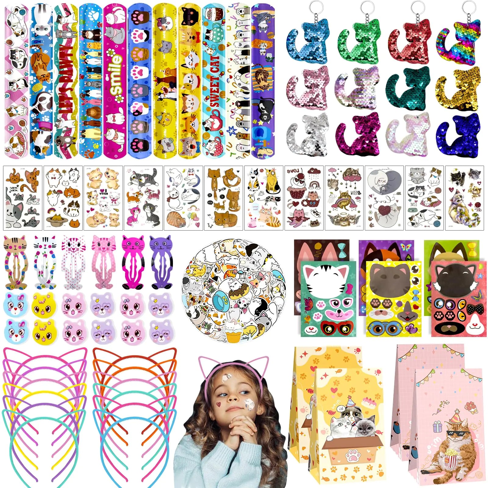 Joyvorite 158Pcs Cat Party Favors Set with Cat Headband Keychains Tattoo Stickers Erasers Slap Bracelets Hairpin Goodie Bags Cat Party Supplies Cat Birthday Decorations Girl Party Favors