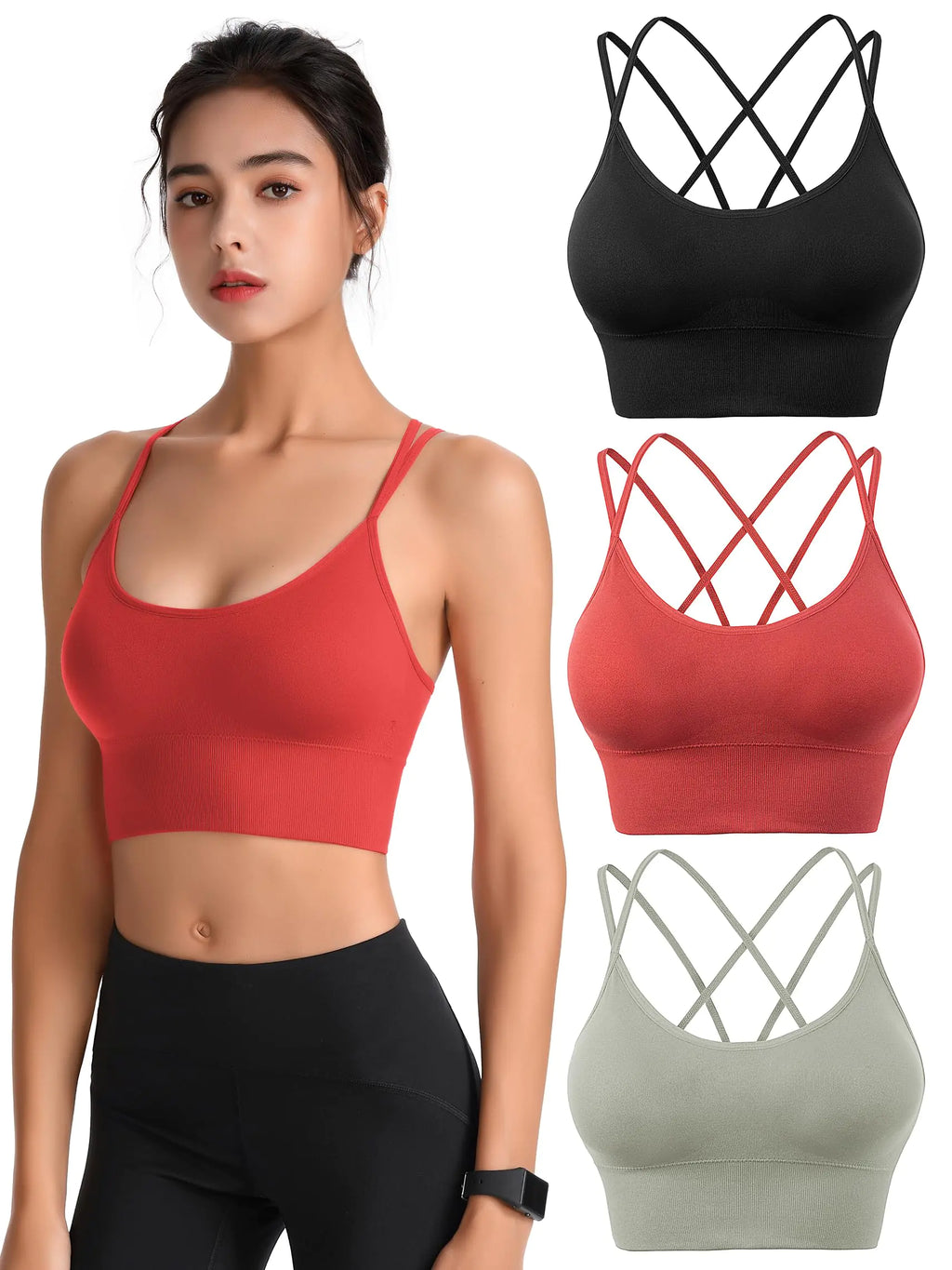 Padded Sports Bras for Women Strappy Cross Back Yoga Bras Pack for Workout Fitness Running Gym Low Impact Top