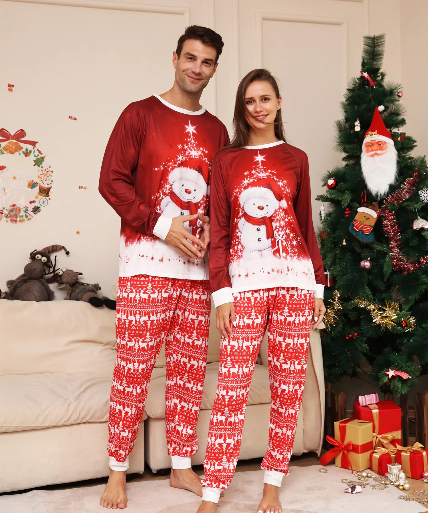 2023 Cartoon Snowman and Reindeer Family Pajamas