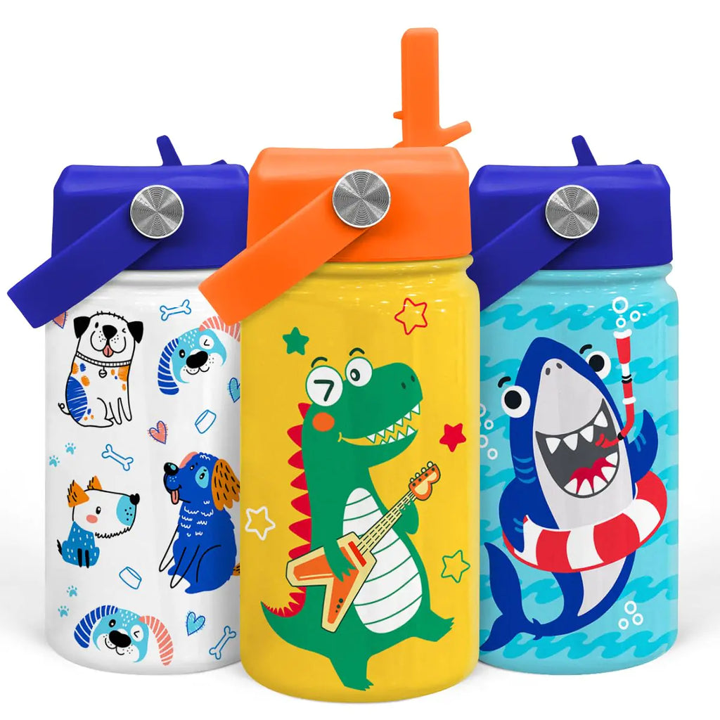SANDJEST Dinosaurs Water Bottle - Dino Kids Water Bottle with Straw Lid - 12 Oz Insulated Stainless Steel Water Bottles for Toddlers Kid Boys - Travel Cup for School Sports