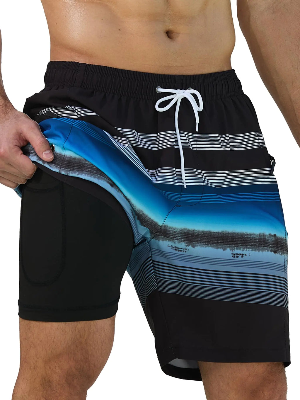 SILKWORLD Mens Swim Trunks with Zip Pocket 7" Stretch Beach Swim Shorts for Swimming Workout CasualBlack&Blue StripesX-Large