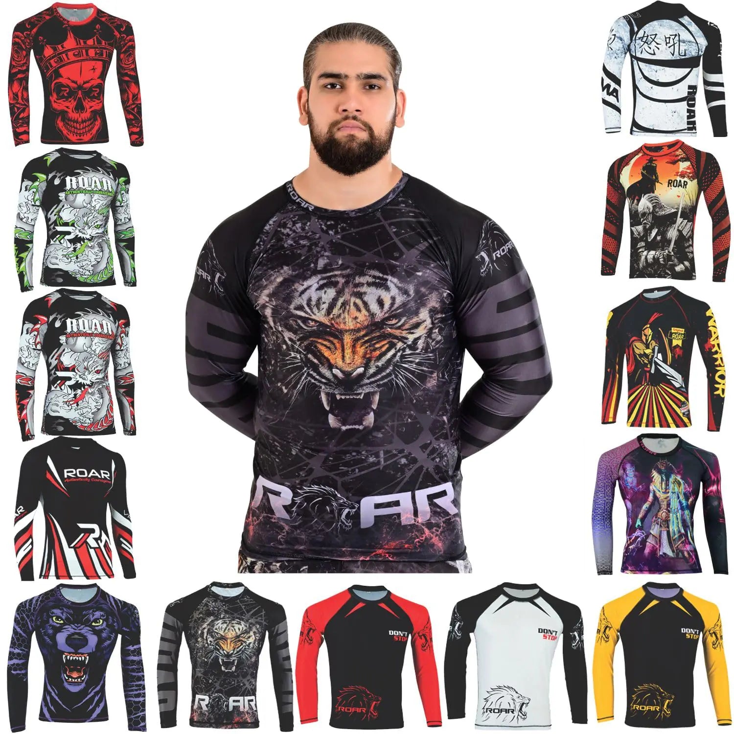 Roar BJJ Rash Guards MMA Grappling Jiu Jitsu Training No Gi Fight Wear Mens Compression Shirts (Dragon Sleeve Medium)