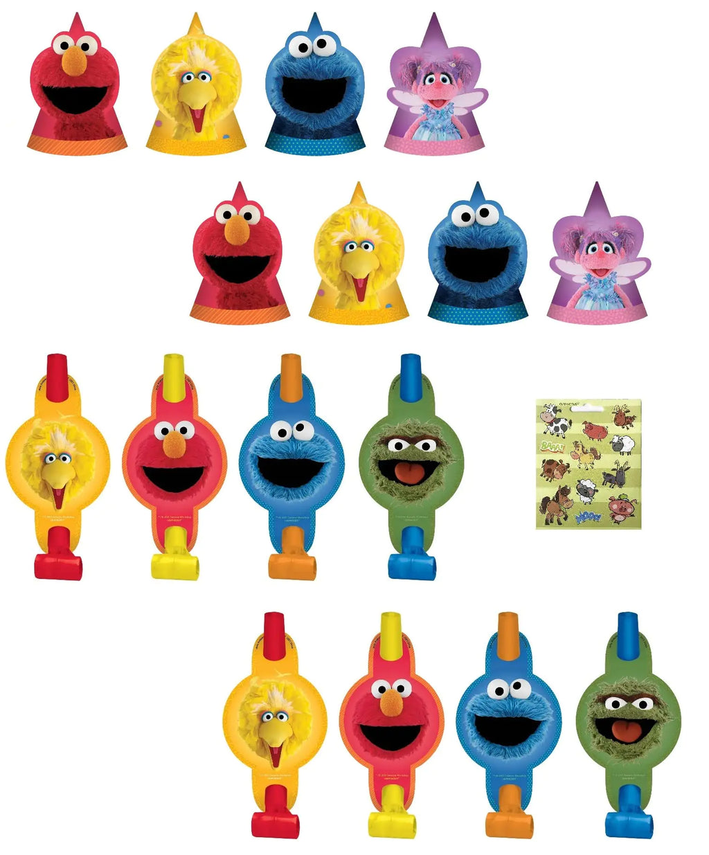 Sesame Street Birthday Baby Party Supplies Bundle Pack Includes Party Hats & Blowouts (Bundle for 8) Multicoloured