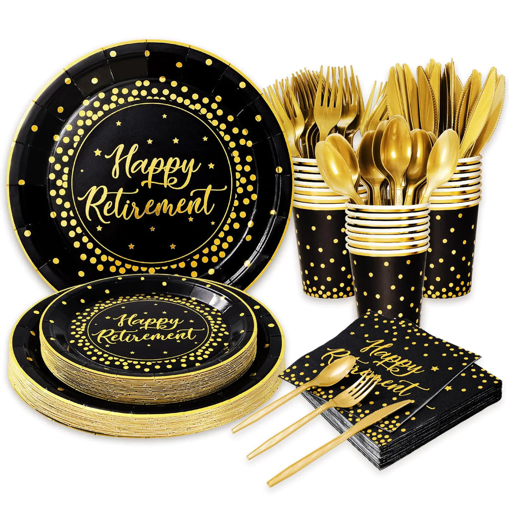 Whaline 168 Pcs Retirement Party Plates and Napkins Set Happy Retirement Party Supplies Black Gold Disposable Dinnerware Decoration Favors for Men Women Party Supplies Table Decor24 Guests