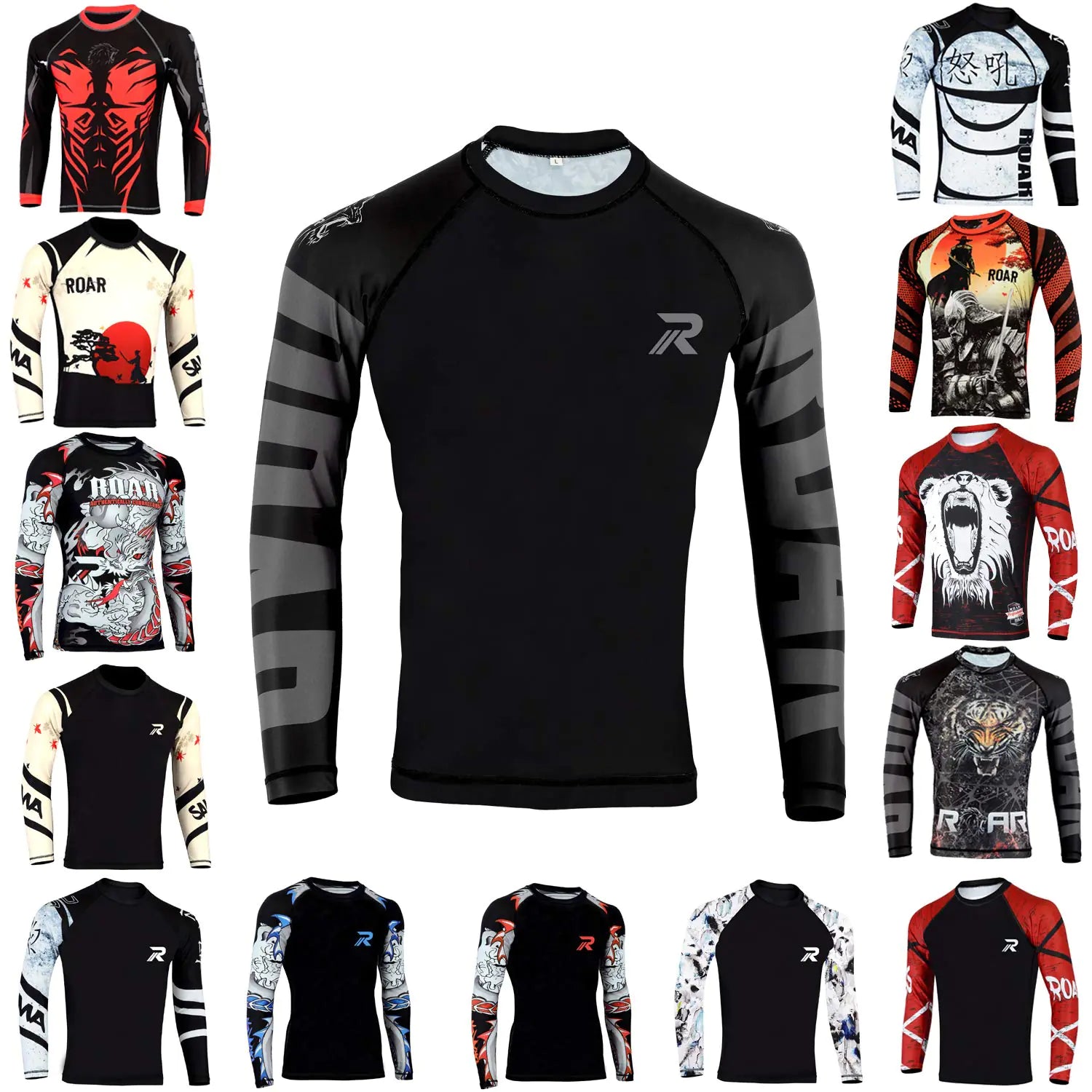 Roar BJJ Rash Guards MMA Grappling Jiu Jitsu Training No Gi Fight Wear Mens Compression Shirts (Dragon Sleeve Medium)