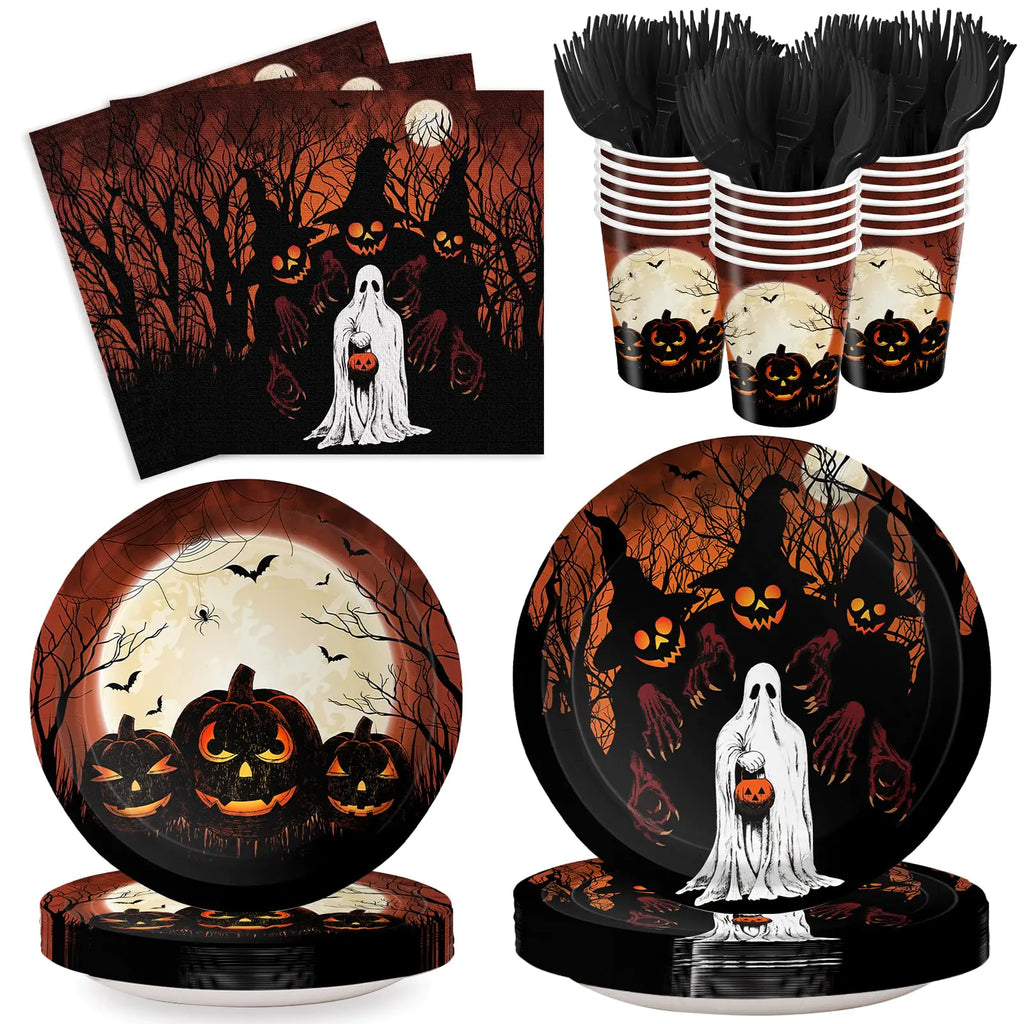 XIENBLOC 120pcs Halloween Party Plates Napkins Ghost Black Pumpkin Halloween Party Supplies Kids Spooky Paper Cups Disposable Forks Tableware Set Halloween Dessert Plates Party Decorations Serve 24