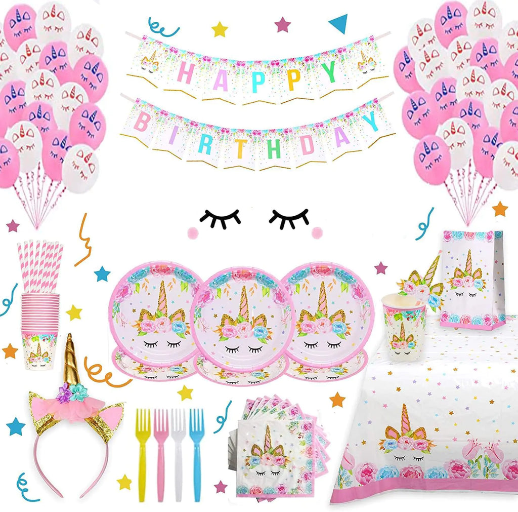 Girls Birthday Party Supplies Including Plates Cups Straws Tablecover for Pink Birthday Party Serve 16 Guests