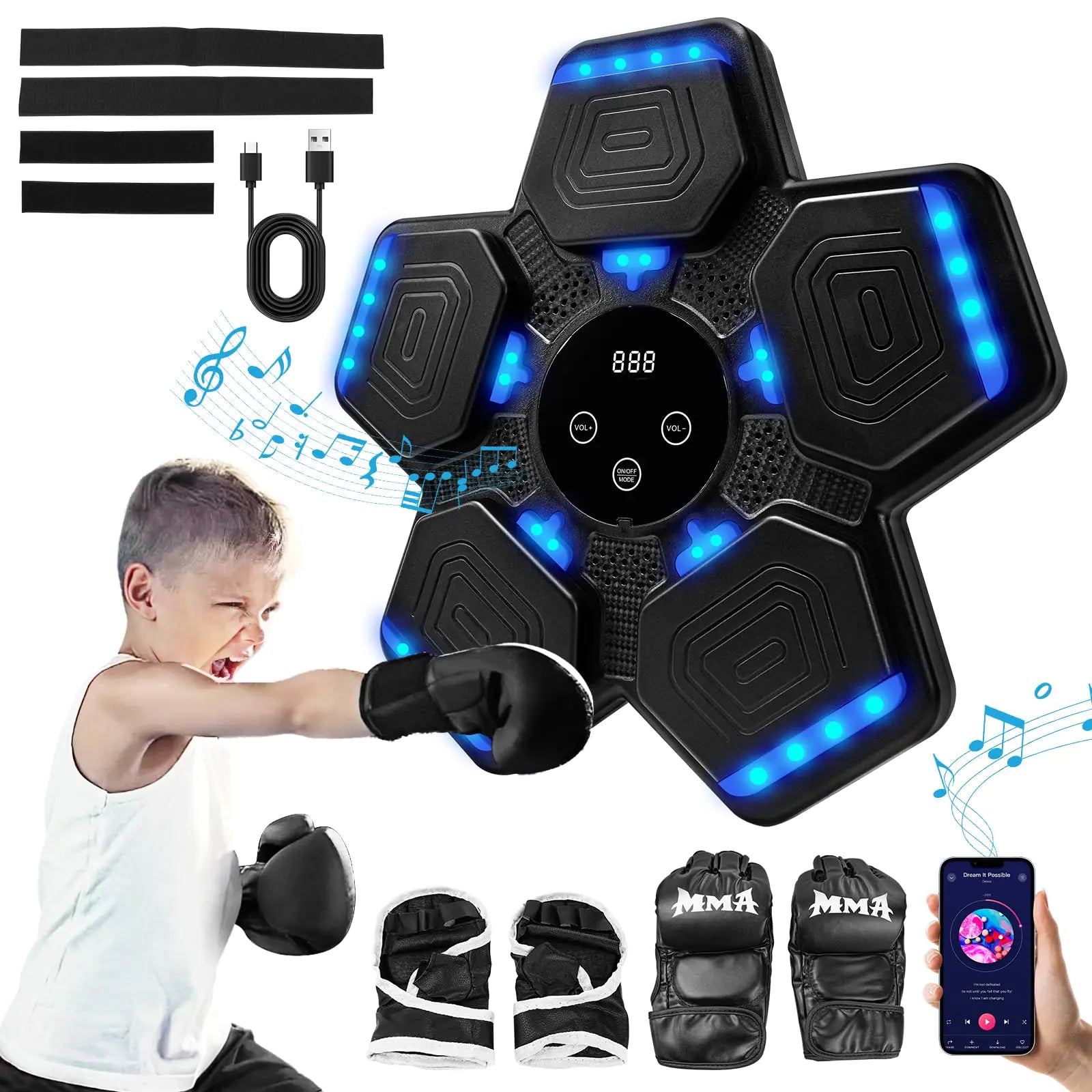 iMeshbean Music Boxing Machine Wall Mounted Boxing Machine with Gloves Smart Bluetooth Music Boxing Interactive Punching Machine for Adults Kids Home Indoor Gym (Pentagon Style)