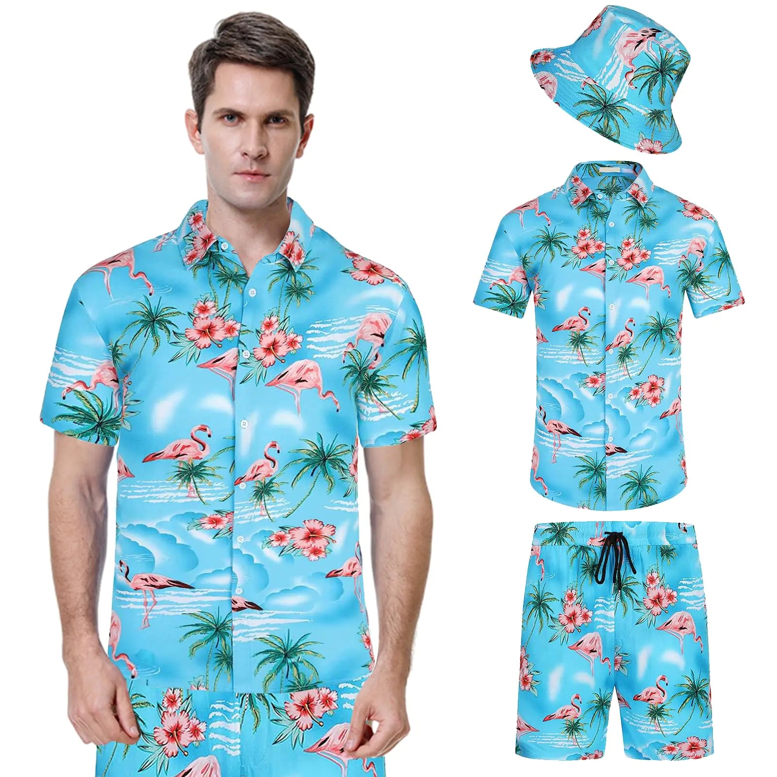 Angenster Hawaiian Shirt Outifits for Men and Shorts Outfits 3 Piece Vacation Outfits with Bucket Hats (Style-1 2XL)