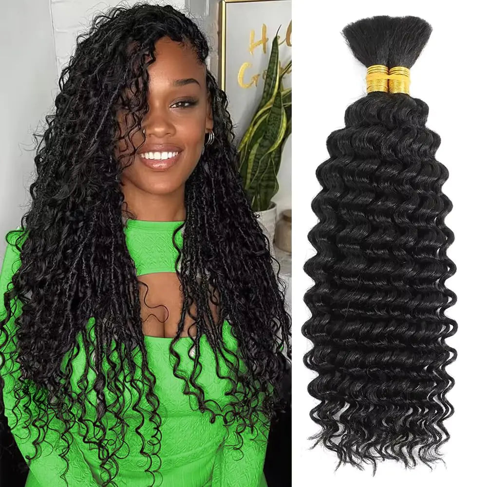 Human Braiding Hair for Boho Braids Human Hair Braiding Hair 2 Bundles/Pack 100g 18 Inch Deep Wave Boho Hair Braiding No Weft Curly Bulk Human Hair 12A Brazilian Virgin Hair Extensions Natural Color
