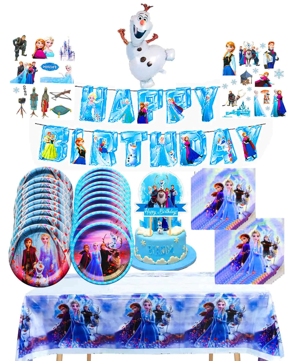 Frozen Birthday Party Supplies Set ，Frozen Party Decorations ，Frozen Party Supplies | Set includes Banner Tablecloth Cake Platesfollow balloons， Napkins tattoo stickers Serves 20Guests