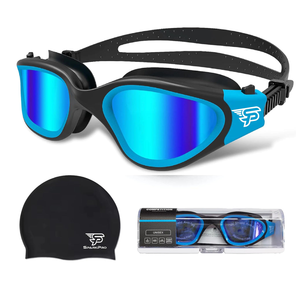 Polarized Swim Goggles with UV Protection and Swim Cap – Anti-Fog No Leaks Comfortable Fit for Adults and TeensSwimming (BLACK BLUE- BLUE PLATING POLARIZED)